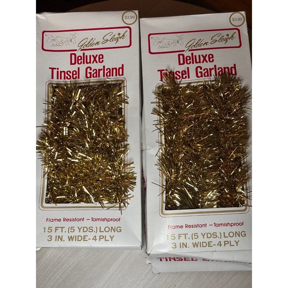 2 Vintage Deluxe Holiday Christmas Tree Garland Tinsel Gold 30 FEET TOTAL READ